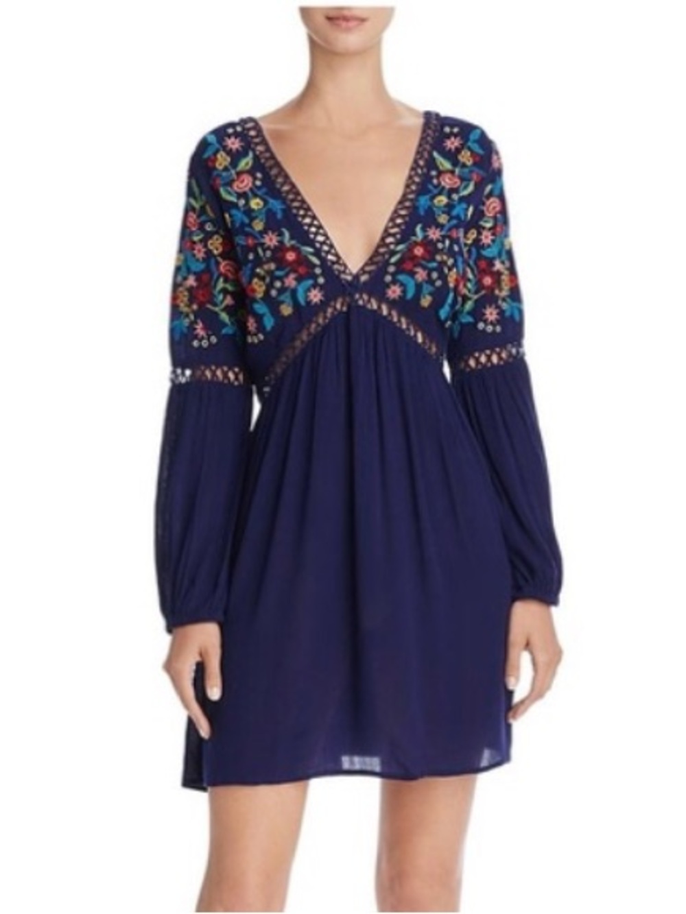 EN CREME Women Navy Boho Floral Embroidered Mini Dress | XS